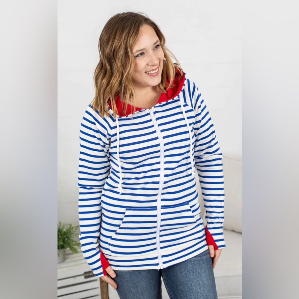 NWT Michelle Mae Blue & White Stripe Full Zip Hoodie size S